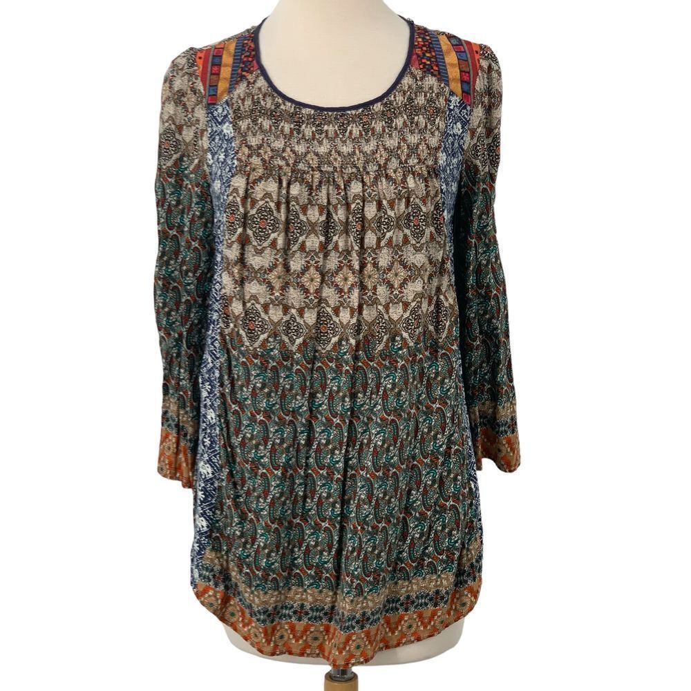 Flying Tomato Boho Long Sleeve Mixed Print Smocked Tunic Top Ethnic Flowy Size S